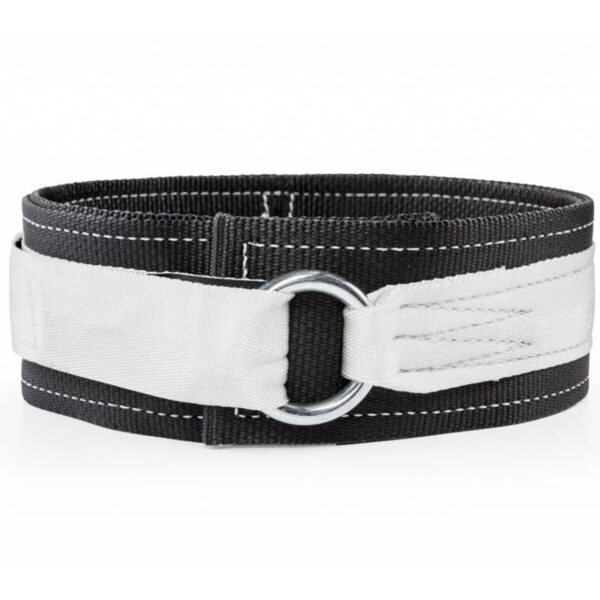 The Spud Inc 2 Ply Deadlift Belt is designed with a coiled black belt, featuring a white overlay and metal D-ring buckle. Visible edge stitching enhances its clean and simple design.