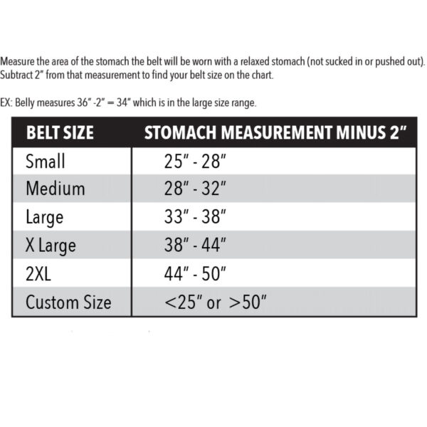 The belt size chart, crafted with precision similar to Spud Elbow Sleeves, has columns for Belt Size and Stomach Measurement Minus 2 Inches. Rows include Small (25-28), Medium (28-32), Large (33-38), X Large (38-44), 2XL (44-50), and Custom Size (50).
