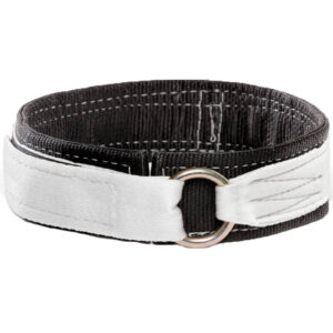 The martial arts belt, featuring a silver ring buckle and visible stitching, is coiled neatly on a white background, reflecting the craftsmanship of Spud Elbow Sleeves.