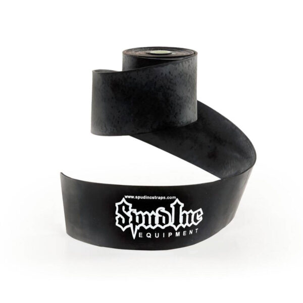 A coiled Spud Inc Elephant Band Black, featuring the logo Spud Inc Equipment, has one end standing upright and the other lying flat.