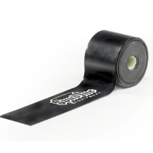A black roll of Spud Inc Elephant Band with Stop A Flat in white is partially unrolled, showcasing a smooth texture and sturdy look, engineered to prevent punctures.