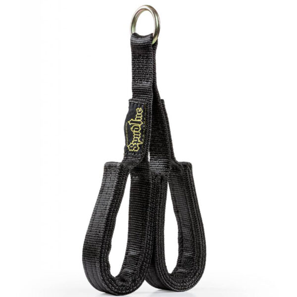 A black nylon Spud Inc Fat Triceps Strap, featuring two loops and a metal ring at the top, with Spinaline printed in yellow.