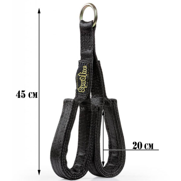 The Spud Inc Fat Triceps Strap features a black fabric loop handle with a metal ring on top, measuring 45 cm in total with a 20 cm loop height, and includes a small branded tag.