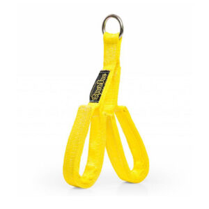 The Spud Inc Fat Triceps Strap is a durable yellow lifting sling featuring a metal ring at the top, two robust bottom loops, and a black label on one side.