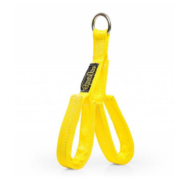 The Spud Inc Fat Triceps Strap is a durable yellow lifting sling featuring a metal ring at the top, two robust bottom loops, and a black label on one side.