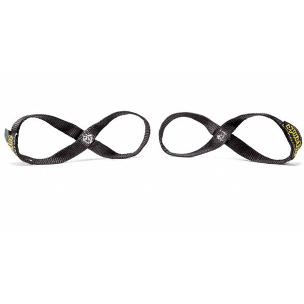 The Spud Inc Fat Triceps Straps are displayed side by side on a white background. Each black nylon strap forms a loop with a crossover in the middle and features yellow text on one end.