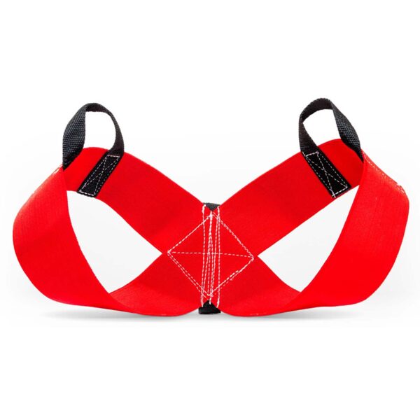 The Spud Inc Bowtie Casual is a red and black posture corrector with adjustable straps, intersecting bands, and visible stitching on a white background.