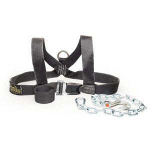 The Spud Inc. Front Squat Harness, in black, is showcased with a short chain, carabiner, and strap. It features reinforced straps, a buckle for fastening, and a D-ring for leash attachment.