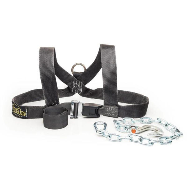 The Spud Inc. Front Squat Harness, in black, is showcased with a short chain, carabiner, and strap. It features reinforced straps, a buckle for fastening, and a D-ring for leash attachment.