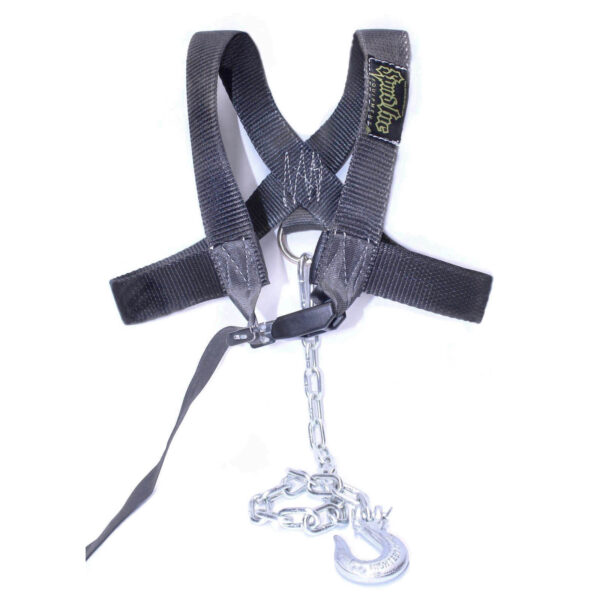The Spud Inc. Front Squat Harness is a black nylon device with a metal D-ring and buckle, featuring a chain leash attachment with a metal hook.