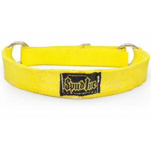 The Spud Inc Glute Ham Strap features a bright yellow fabric collar with a buckle, two silver D-rings, and a black patch adorned with decorative bilingual text and symbols.
