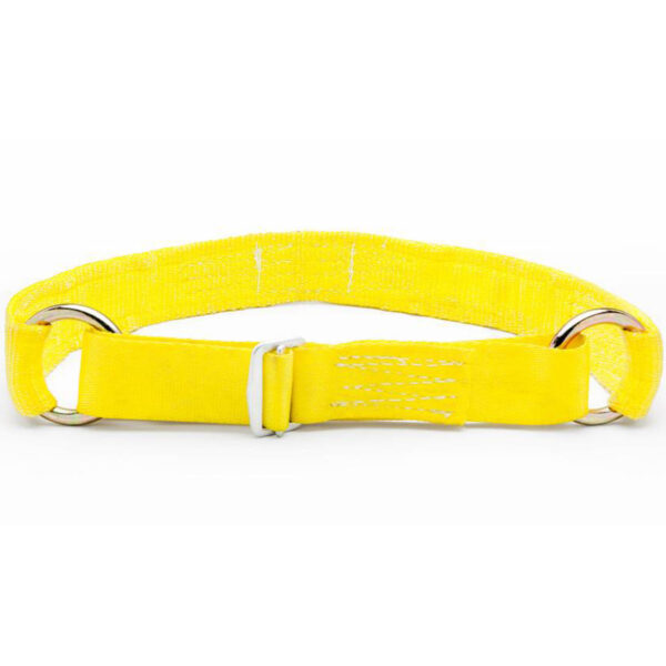 A vibrant yellow Spud Inc Glute Ham Strap with metal rings and an adjustable strap is displayed flat against a white background.