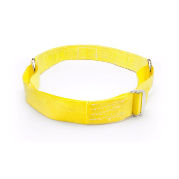 The Spud Inc Glute Ham Strap is a yellow safety belt with metal D-rings and an adjustable strap, suitable for industrial or construction use, shown on a white background.