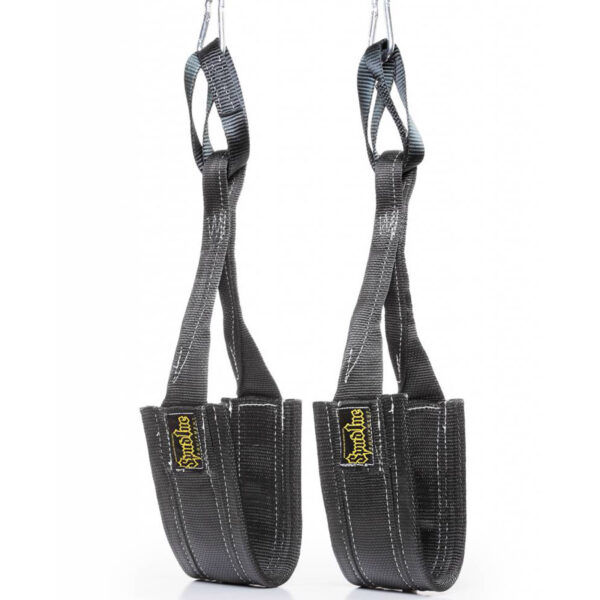 Two black Spud Inc Hanging Ab Straps for Leg Raises, featuring foot loops and metal carabiners for fitness training. These straps display a yellow logo embroidered on them and hang against a white background.