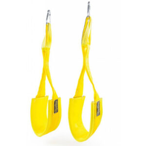 The Spud Inc Hanging Ab Straps, designed in bright yellow for aerial yoga and gymnastics, feature metal hooks and padded loops for comfort during stretching and fitness exercises. They are shown against a white background.