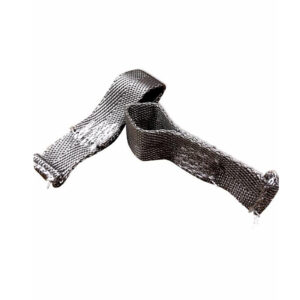 The Spud Inc Hooker Straps, designed for shielding or insulation, feature a silver metallic woven texture. Laid on a plain white background, they appear flexible with open, slightly frayed ends.