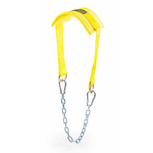 A yellow lifting sling with reinforced padding and two carabiners for secure heavy object handling, unlike the Spud Chainless Dip Belt, features a sturdy metal chain attached to each end with carabiners for enhanced reliability.