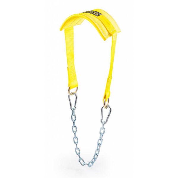 A yellow lifting sling with reinforced padding and two carabiners for secure heavy object handling, unlike the Spud Chainless Dip Belt, features a sturdy metal chain attached to each end with carabiners for enhanced reliability.