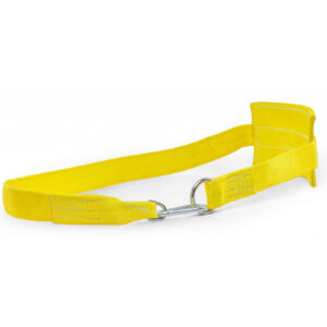 The Spud Chainless Dip Belt is a bright yellow safety strap featuring reinforced stitching and a central metal D-ring, expertly crafted for secure fastening or lifting.