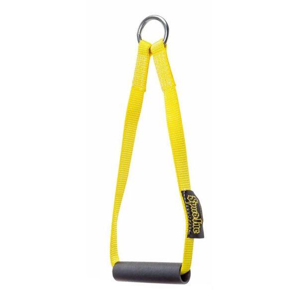 The Spud KettleStrap Kettlebell Strap is a yellow fitness handle with a metal ring at the top and a black foam grip at the bottom, featuring a branded tag.