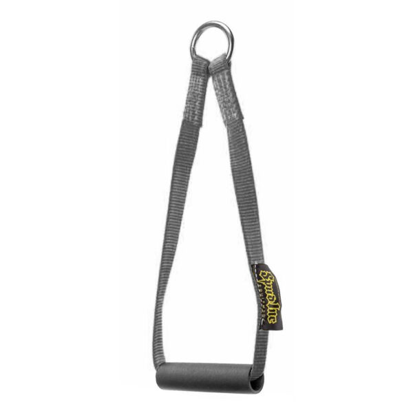 The Spud KettleStrap Kettlebell Strap features a gray nylon loop with a metal ring at the top and a black rubber grip at the bottom, suitable for fitness equipment like resistance bands or cable machines. A small label with a yellow logo is attached to the strap.