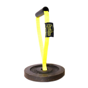 The Spud KettleStrap Kettlebell Strap features a cylindrical grip handle secured to a fluorescent yellow strap, which is mounted on a round, black weight plate. The strap also includes a fabric tag with the logo.