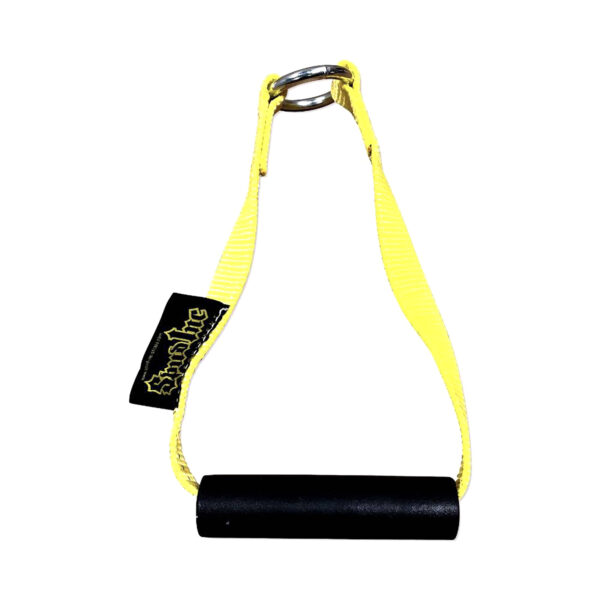 The Spud KettleStrap Kettlebell Strap is a yellow strap with a black handle and a metal ring at the top, designed for grip and resistance exercises. It features a black tag with yellow text.