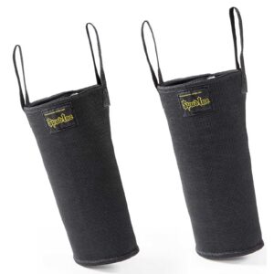 Two black Spud Knee Sleeves 1 Ply stand upright with sturdy handles, featuring a yellow Spotloc logo on the front. The textured, durable material suggests reliable protection.