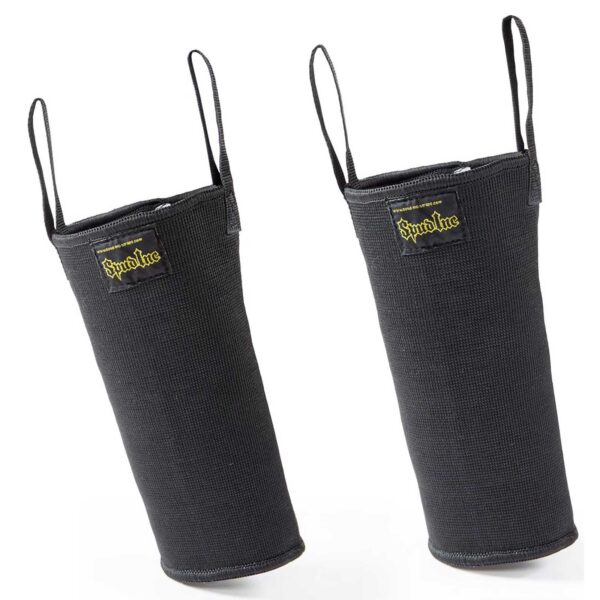 Two black Spud Knee Sleeves 1 Ply stand upright with sturdy handles, featuring a yellow Spotloc logo on the front. The textured, durable material suggests reliable protection.