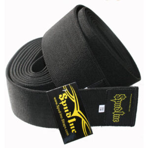 A rolled black lifting strap features a Spud Inc label in yellow. This durable weightlifting support is named Spud Inc Hooker Straps.