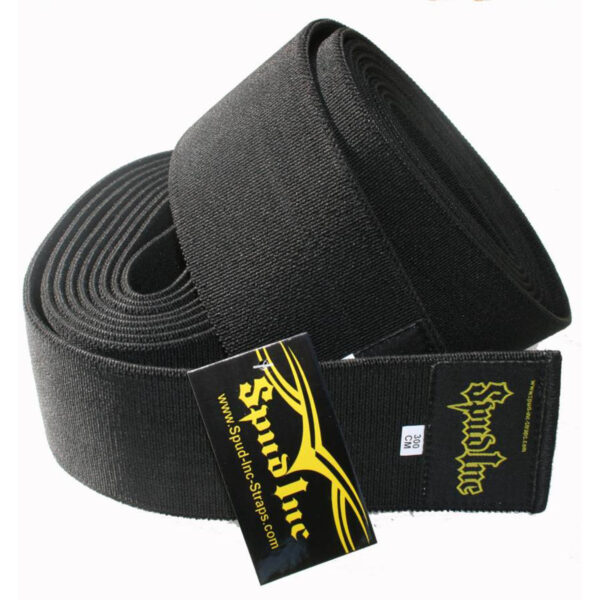 A rolled black lifting strap features a Spud Inc label in yellow. This durable weightlifting support is named Spud Inc Hooker Straps.