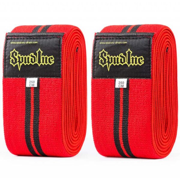 Two neat red Hooker Straps with black stripes and labels reading Spud Inc and 250 CM are displayed side by side.