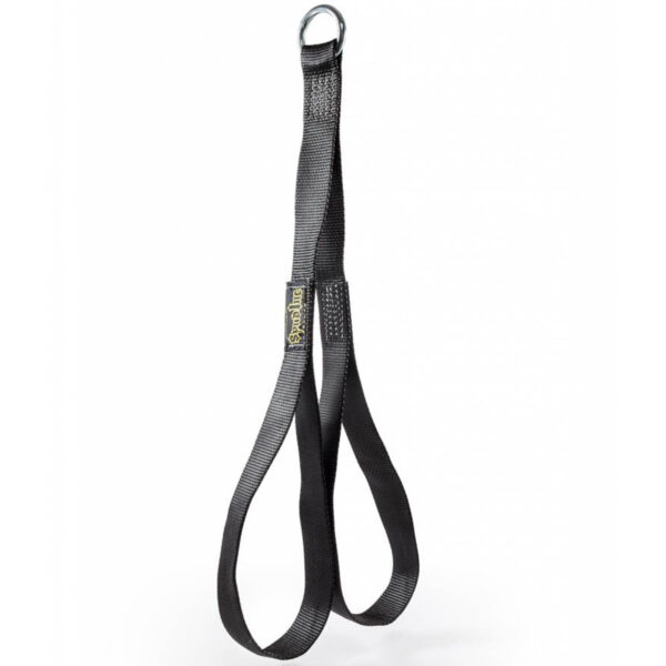 The Spud Inc Hooker Straps, made of black nylon, feature a metal ring and a figure-eight loop design to enhance stretching exercises, offering flexibility and support for yoga or fitness routines.