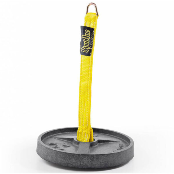 The Spud Strap Loading Pin 12, featuring a gray weight and a yellow strap attached to a metal ring on top, sits upright against a white background.
