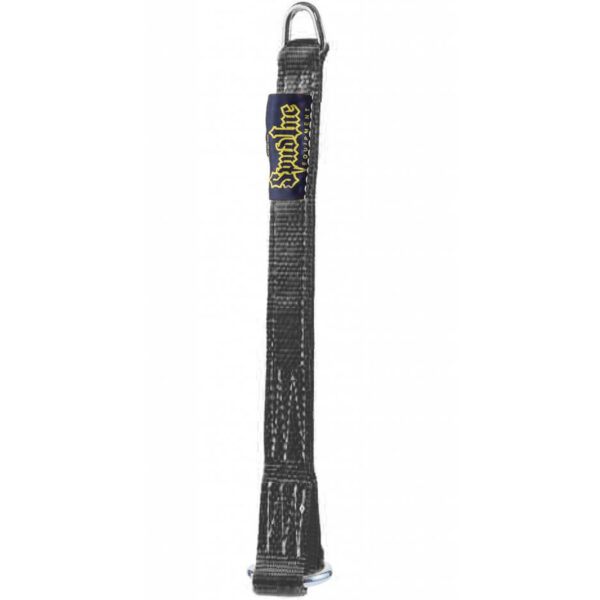 The Spud Strap Loading Pin 12 is a black nylon strap equipped with a metal D-ring at one end and includes a black label with yellow text.