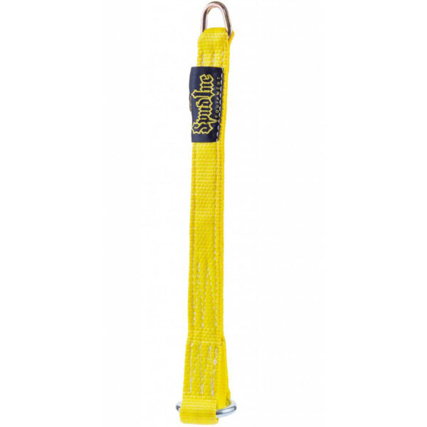 The Spud Strap Loading Pin 18 features yellow webbing with a metal clip at the top and a metal ring at the bottom, and includes a black label with yellow text.