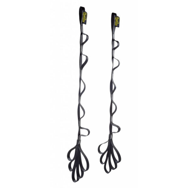 Two black Spud Looper Straps hang vertically, featuring multiple loops and a broader loop at the bottom. Each strap has an attached tag at the top, creating consistent diamond-shaped openings along their length.