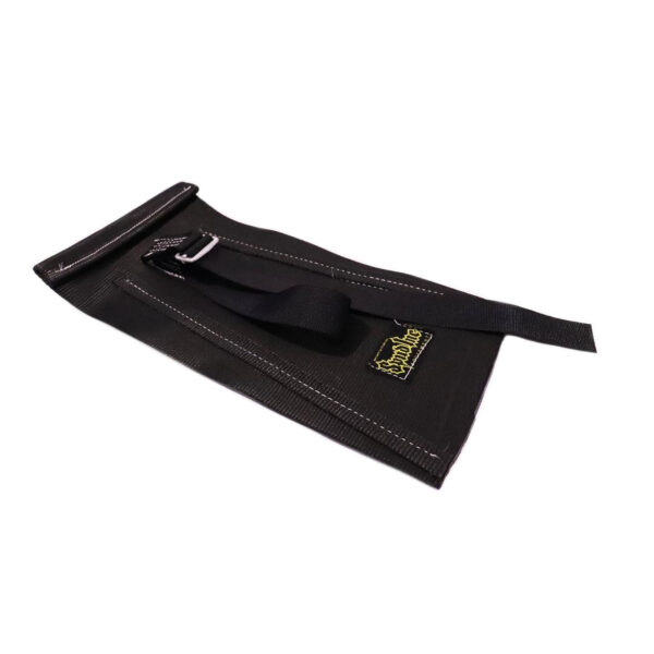 The Spud Inc Mini Me Sled is a black protective sleeve, featuring visible stitching, a yellow logo, and a buckle strap designed to securely hold and protect an object.