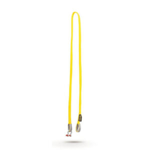 The Spud Inc Monolift Safety Straps are long yellow climbing slings with sewn loops at both ends designed for securing or extending climbing protection. Made from durable material, they feature a black and gray brand label near one end.