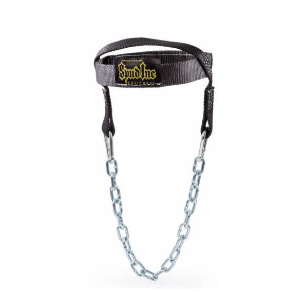 The Spud Magic Carpet Sled features a black strap with an embroidered logo attached to a silver metal chain, creating a looped cable attachment for lifting. The adjustable strap is designed for strength training exercises.