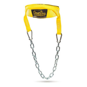 The Spud Magic Carpet Sled is a yellow weight lifting head harness featuring metal chains, two clips, and a black brand label with text. The chains form a U-shape for attaching weights.
