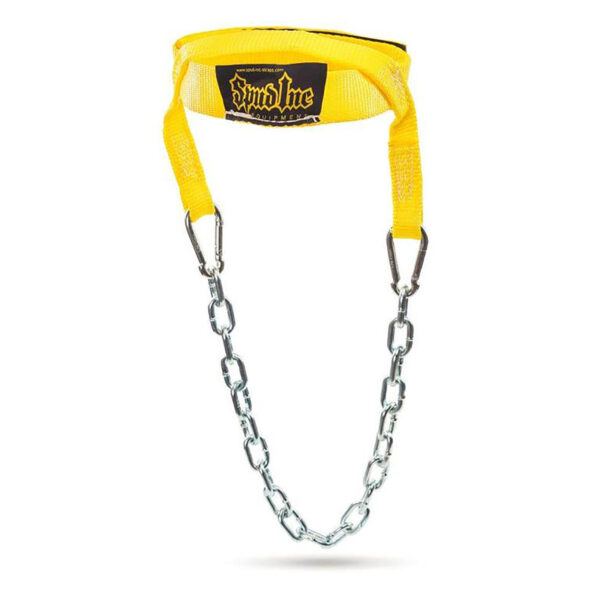 The Spud Magic Carpet Sled is a yellow weight lifting head harness featuring metal chains, two clips, and a black brand label with text. The chains form a U-shape for attaching weights.