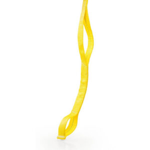A yellow Spud Standing Oblique Strap hangs vertically against a plain white background, crafted from woven fabric, twisted at multiple points with loops at each end.