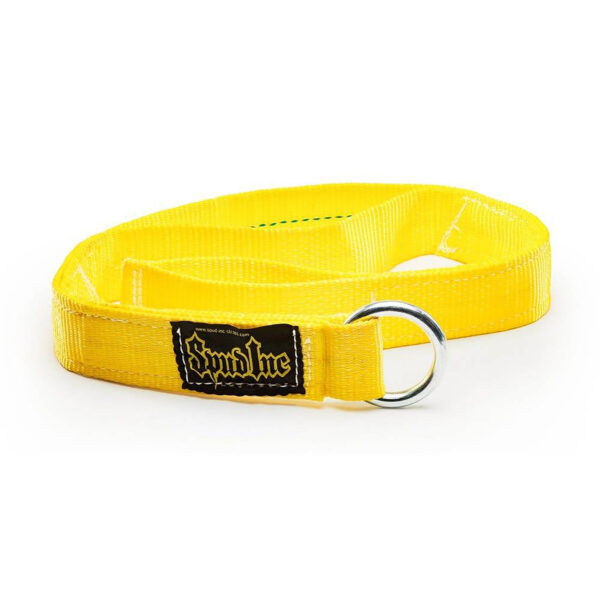 The Spud Standing Oblique Strap is a bright yellow nylon dog collar featuring a metal D-ring and a black patch with white text stitched onto the fabric.
