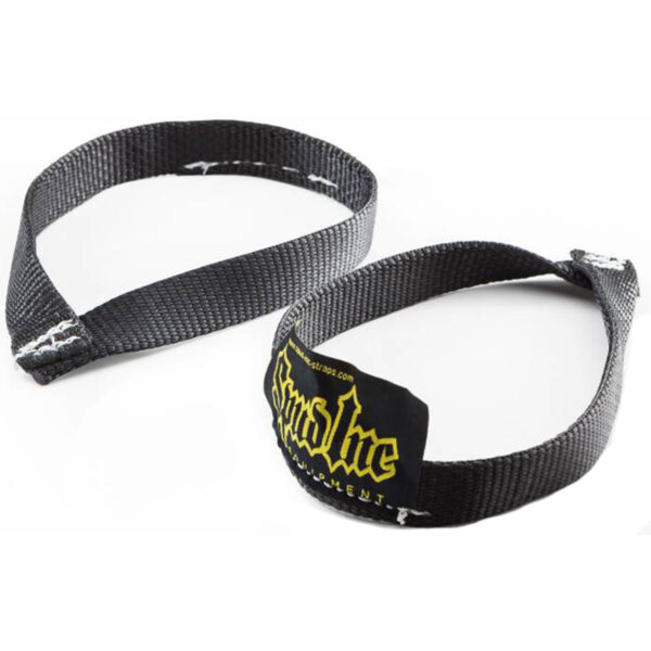 The Spud Oly Strap, an Olympic-style weightlifting accessory, is black with a yellow and white logo on each strap. They are looped and showcased against a white background.