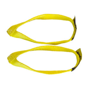 Two Spud Oly Straps are laid parallel, each forming a loop. They feature black tags with yellow detailing at the ends and appear to be made of a sturdy material.