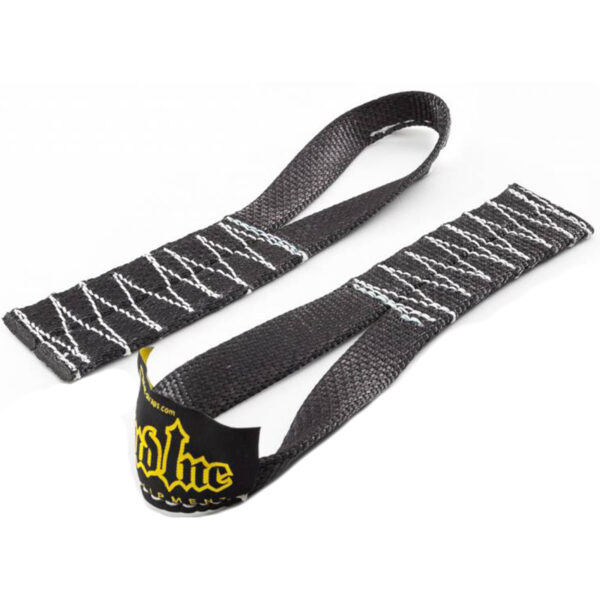 A pair of black lifting straps with white stitching and a yellow logo on the patch, called the Spud Magic Carpet Sled, designed for weightlifting with loops to secure a firm grip.