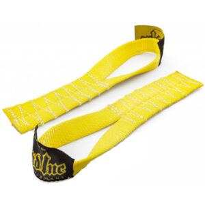 The Spud Magic Carpet Sled straps are yellow with black ends, bold yellow text, and stitched white lines for enhanced grip, displayed side by side on a white background.