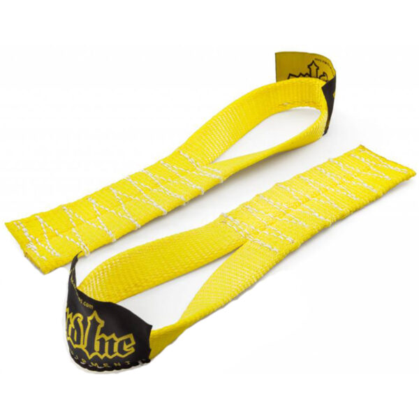 The Spud Magic Carpet Sled straps are yellow with black ends, bold yellow text, and stitched white lines for enhanced grip, displayed side by side on a white background.