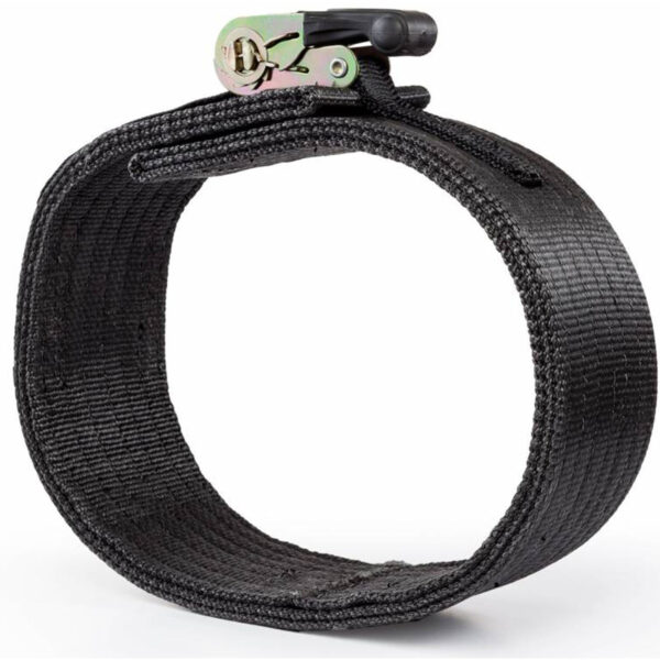 The Spud Inc Pro Powerlifting Belt features a black nylon strap with a metallic locking mechanism and textured surface. Its circular design includes a sturdy clasp with a small lever for easy tightening or loosening.